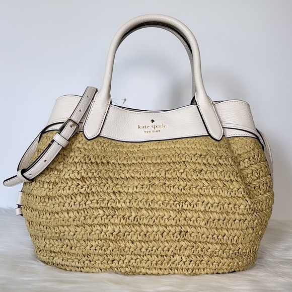 NWT💃Kate Spade Dumpling Straw Large Satchel Bag, Parchment - Picture 7 of 12